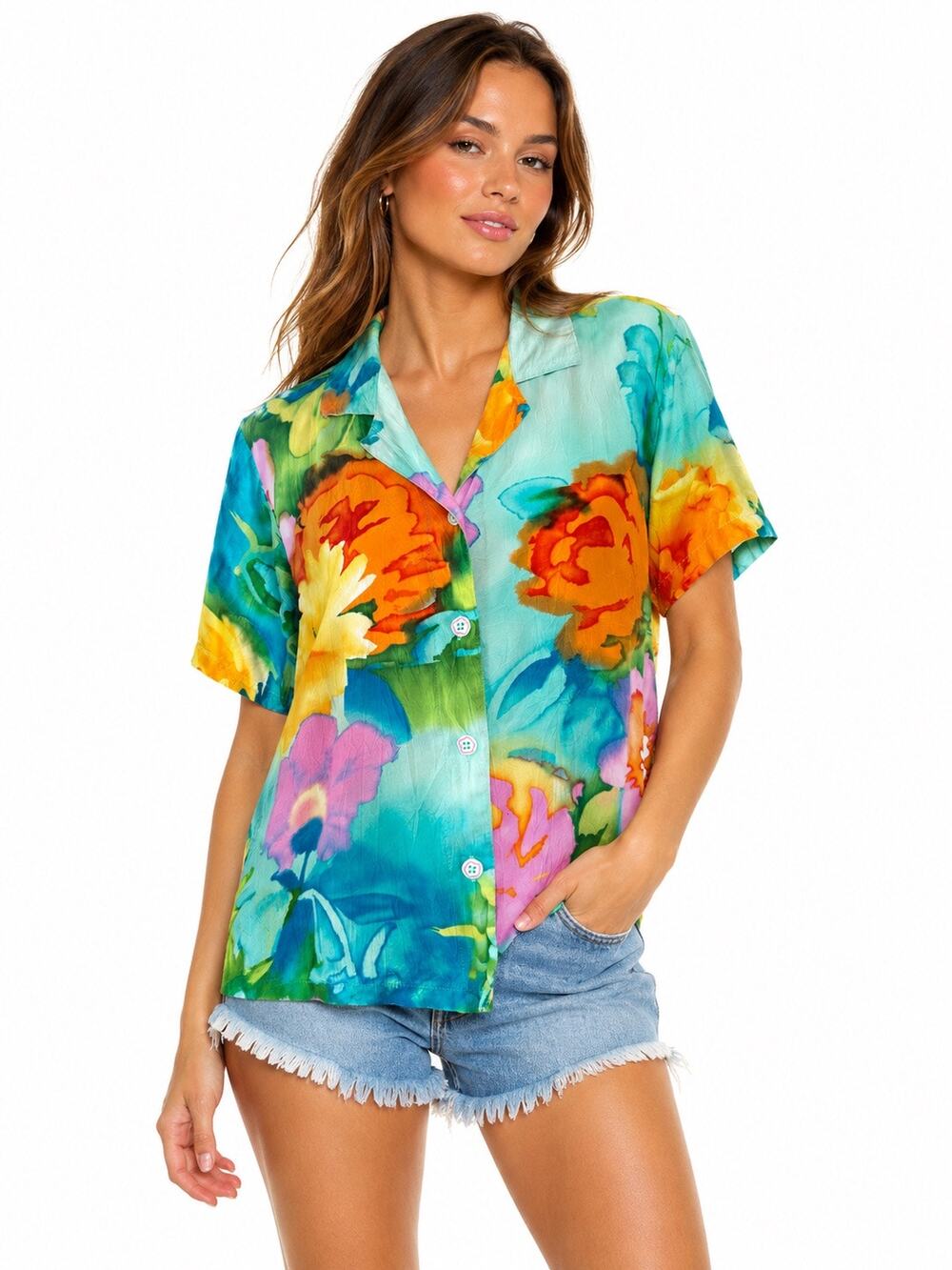 Vintage ‘90s Jams World Parisian Garden Watercolor Print  Short Sleeve Blouse